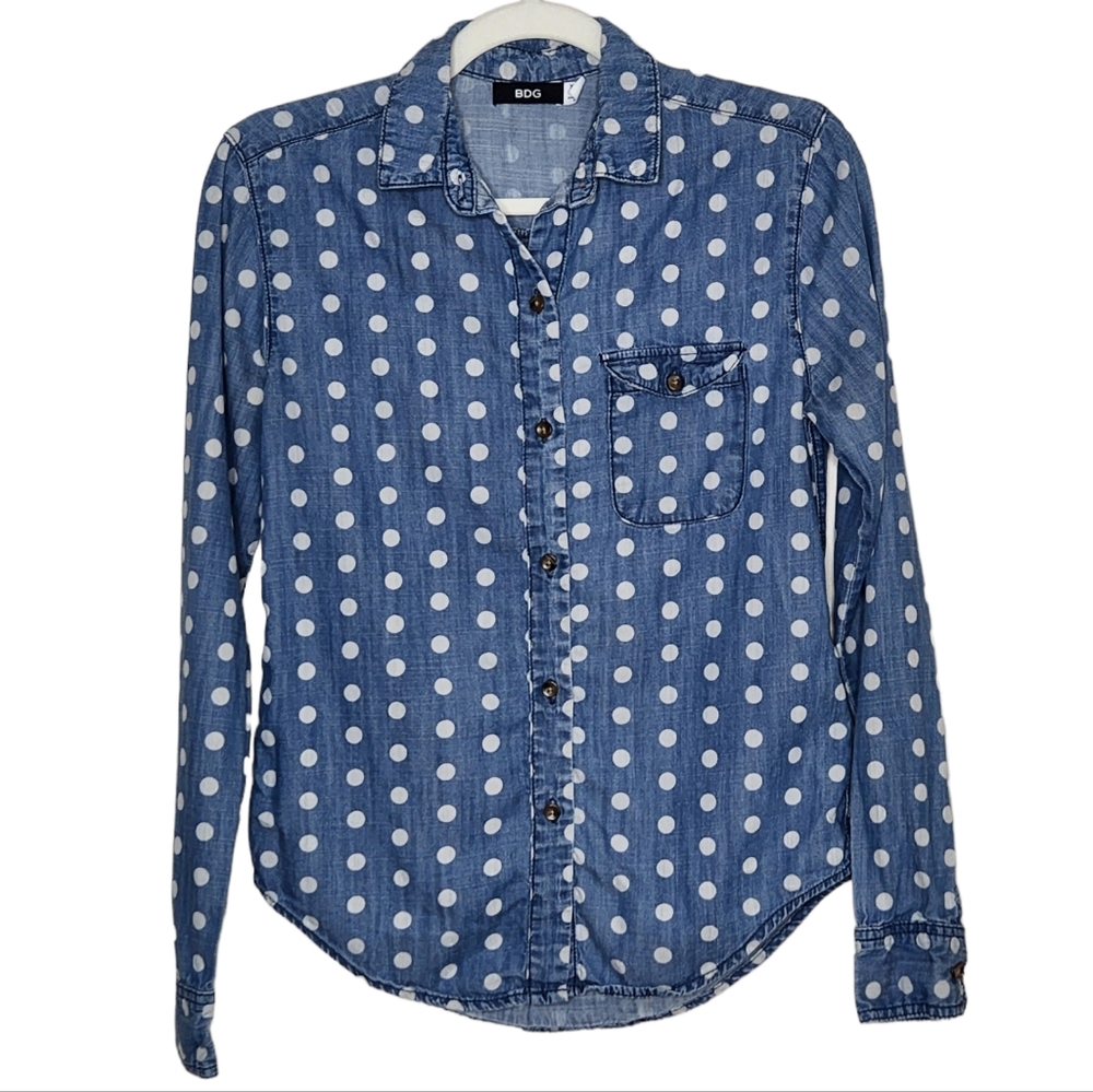BDG chambray Denim Polka Dot Button Front Blouse Top Size XS